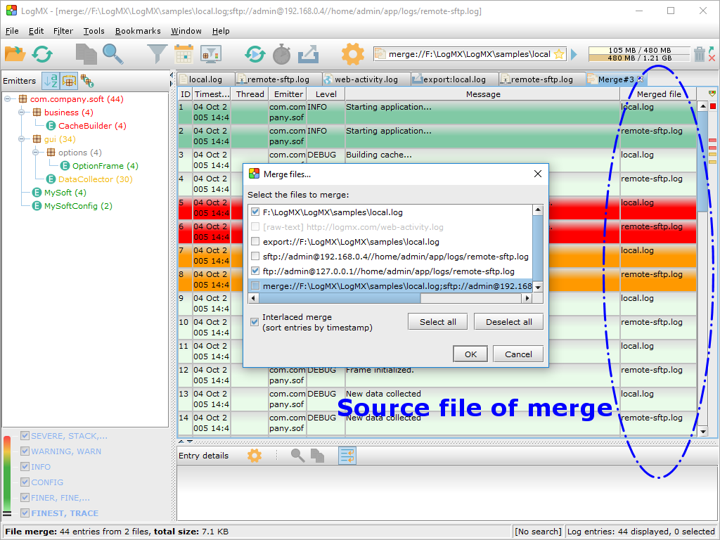"Merge files" dialog to merge already opened files,<BR/>and merged view
